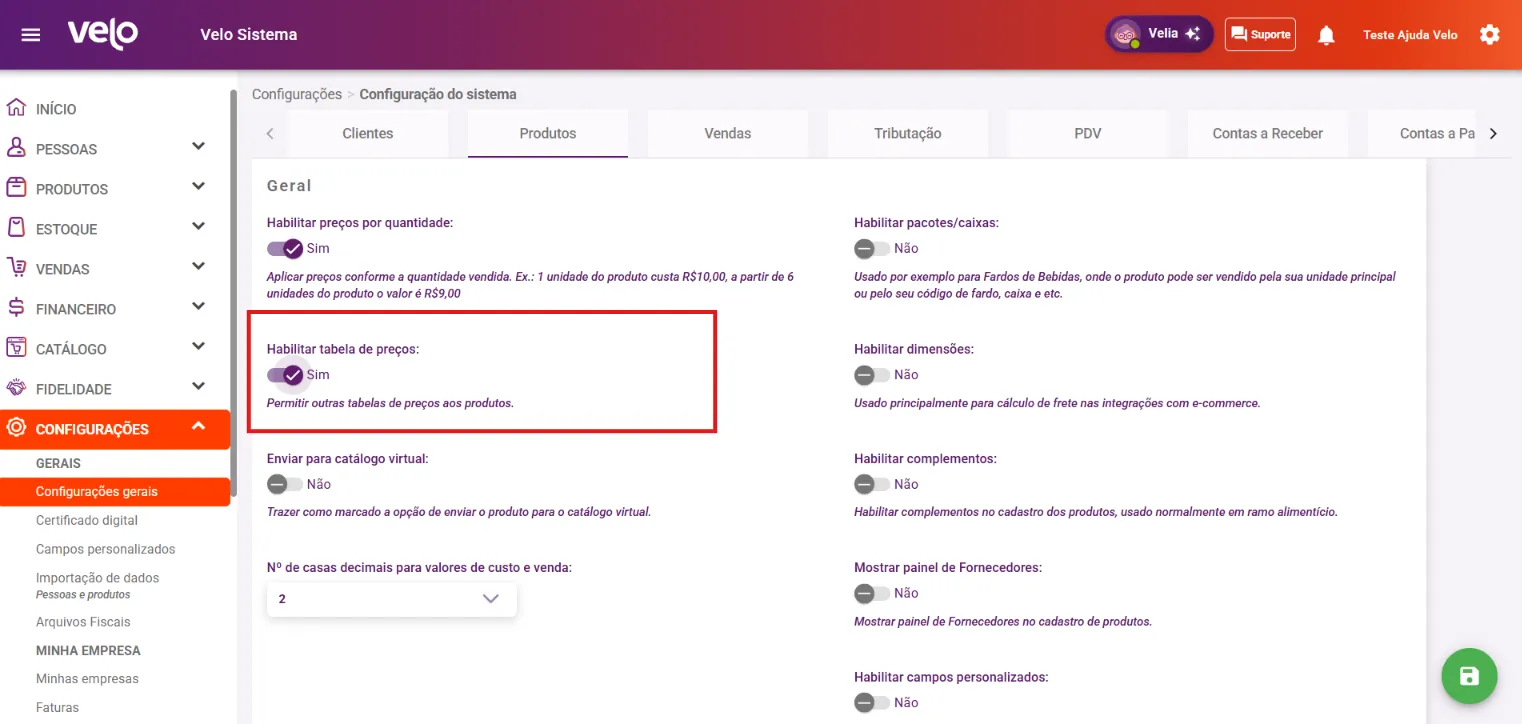 Aba Produtos com a opção Habilitar tabela de preços ligada