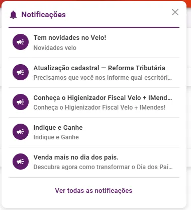 Painel de notificações aberto pelo sino