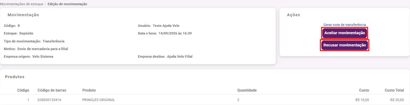 Tela da movimentação pendente com o painel Ações mostrando os botões Aceitar movimentação e Recusar movimentação