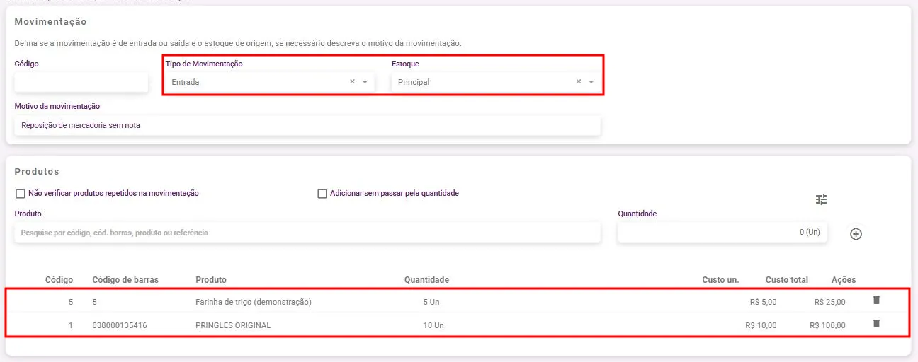 Tela Nova movimentação com o tipo Entrada, o estoque escolhido e produtos adicionados na lista