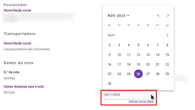 Campo Data contábil em edição, com o calendário e o link Salvar nova data