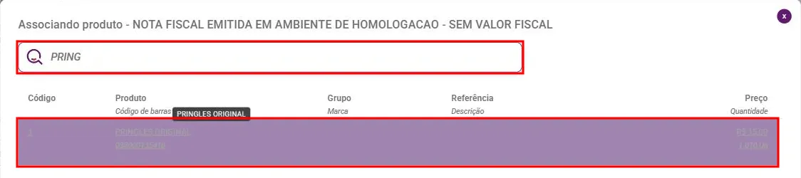 Janela Associando produto com a pesquisa preenchida e a lista de produtos encontrados
