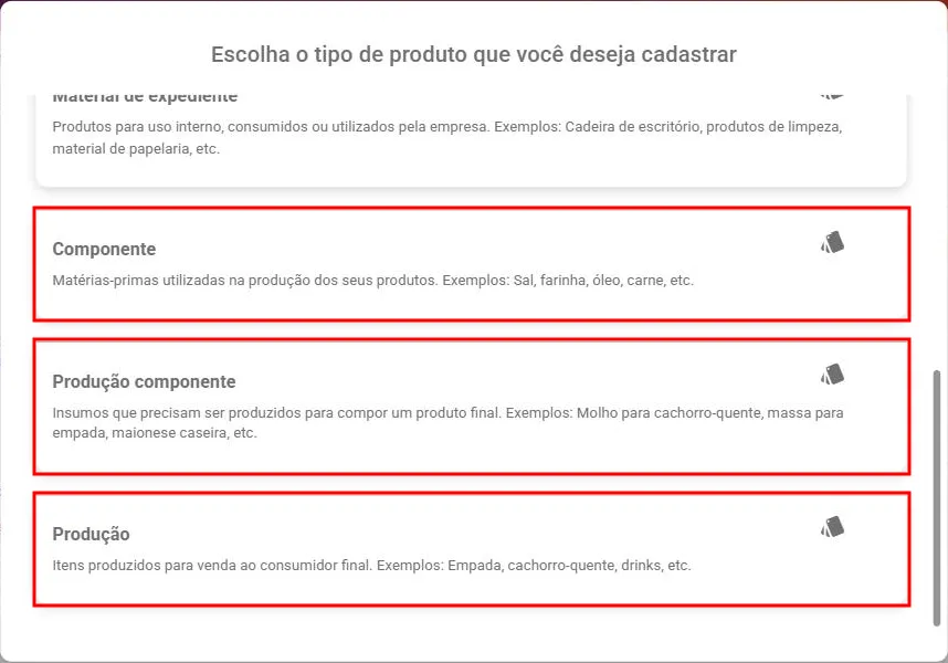 Modal Escolha o tipo de produto que você deseja cadastrar