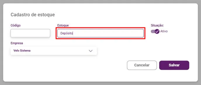 Janela Cadastro de estoque com o nome do local, a situação Ativo e a empresa
