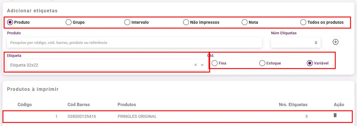 Tela de emissão de etiquetas com a seleção de produtos, quantidade e modelo