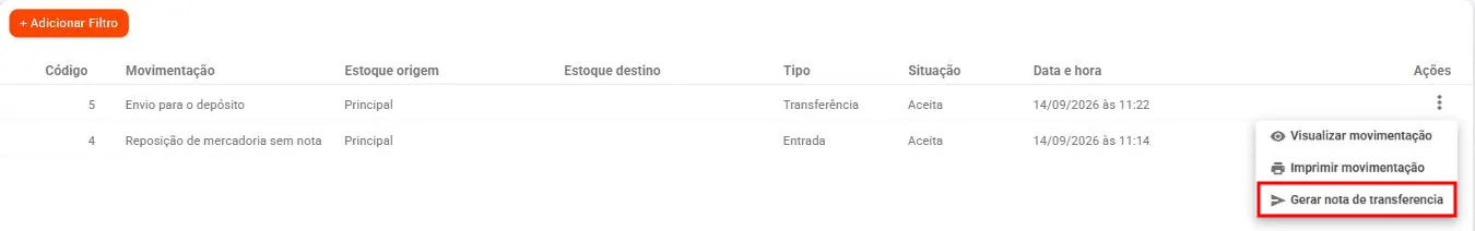 Menu ⋮ de uma transferência na relação de movimentações com a opção Gerar nota de transferencia