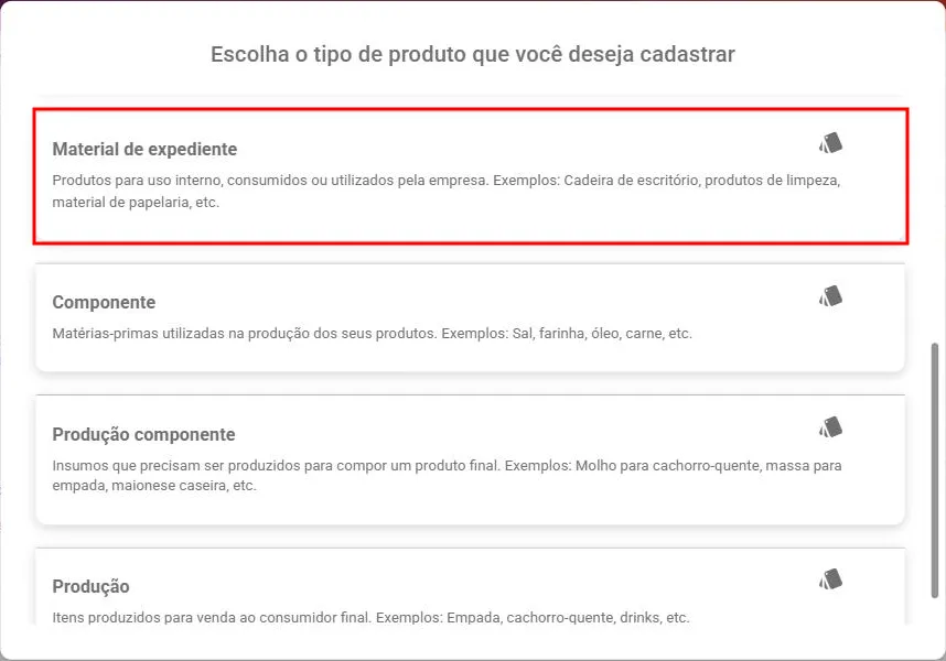 Modal de tipo de produto com a opção Material de expediente