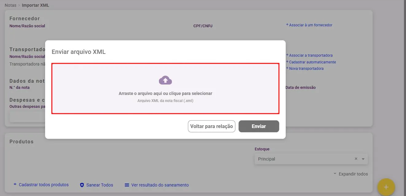Tela de envio do XML