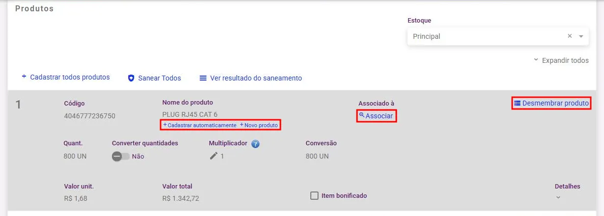 Tela de vínculo dos produtos com os botões destacados