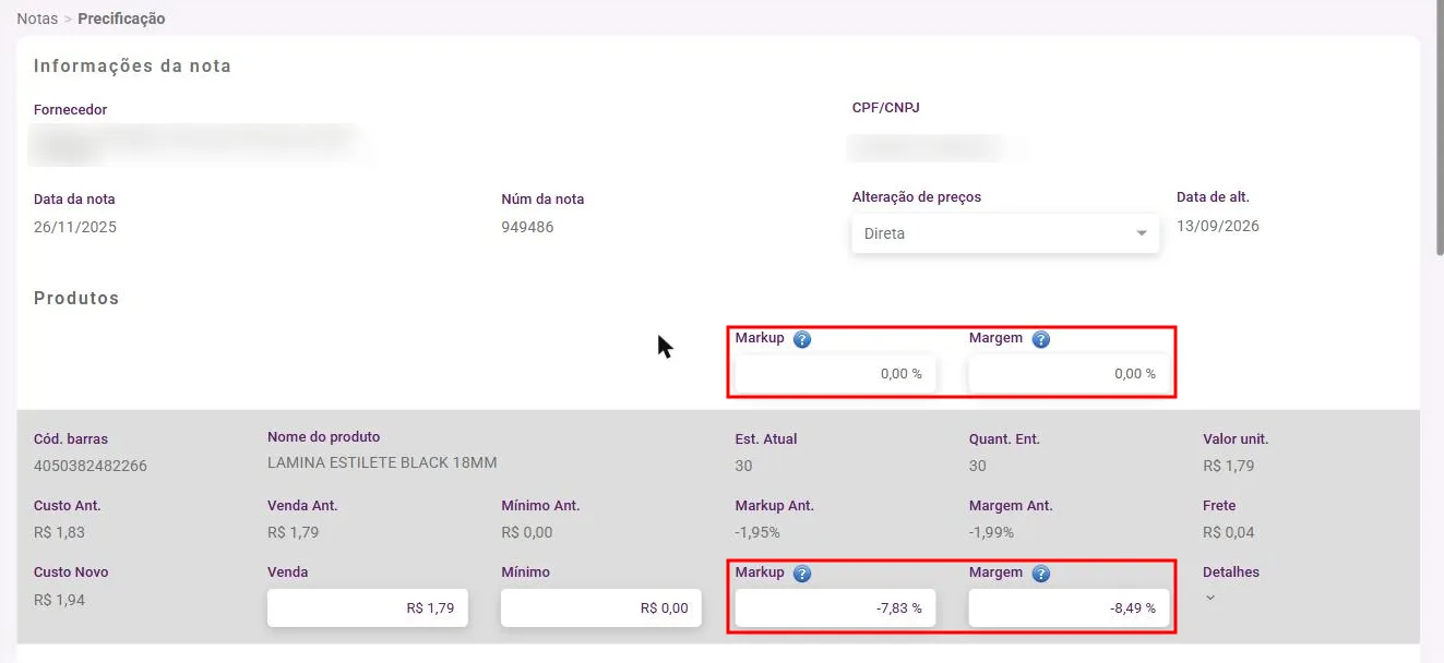 Tela de precificação com margem e markup