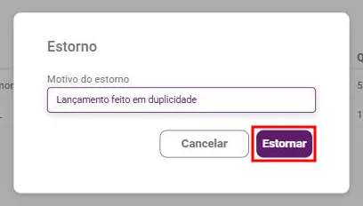 Janela Estorno com o campo Motivo do estorno preenchido e o botão Estornar