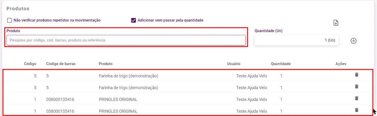 Tela do balanço com o campo de leitura e a lista de produtos contados