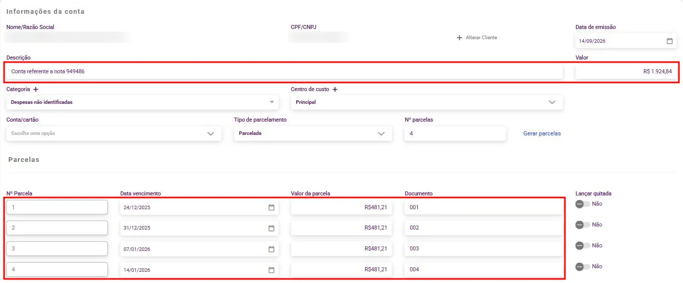 Tela Nova conta a pagar preenchida a partir da nota, com fornecedor, valor, descrição e as parcelas do XML