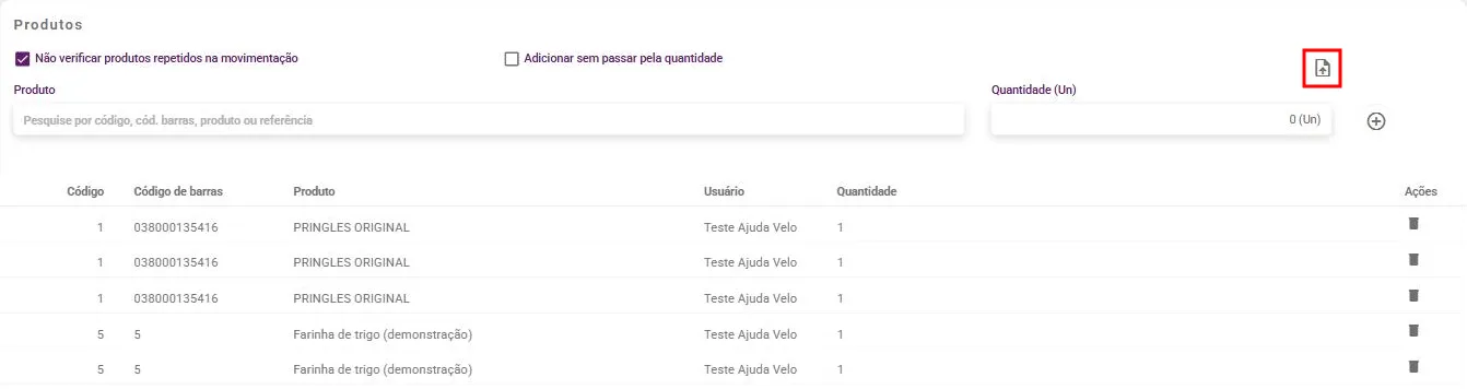 Painel Produtos do balanço com o ícone Importar arquivo .txt destacado e a lista de produtos já importados