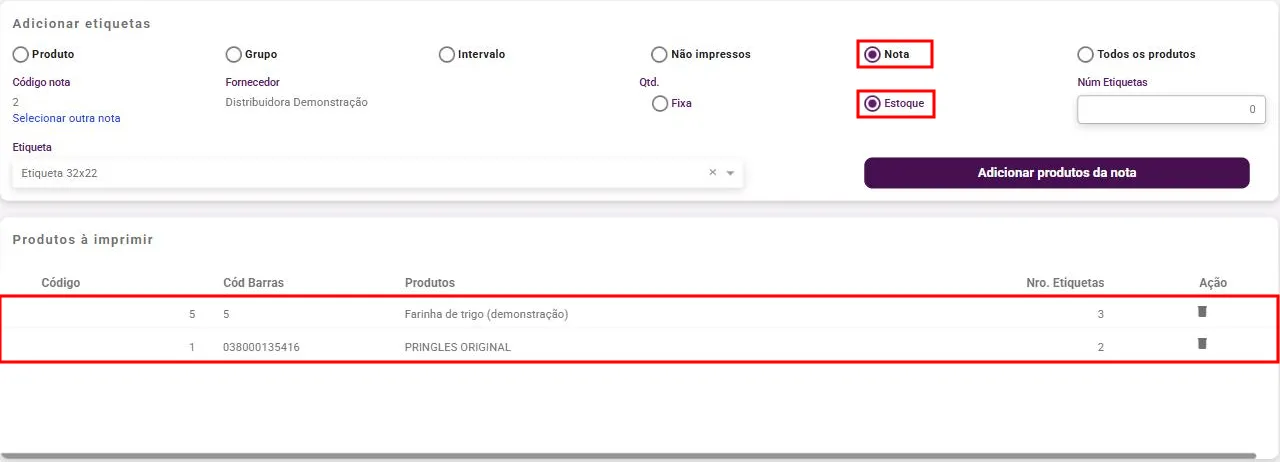 Opção Nota com a nota escolhida, Qtd. Estoque e a lista Produtos à imprimir preenchida