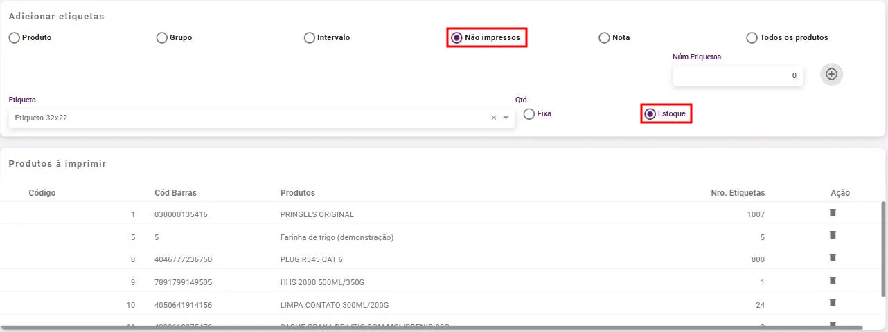 Opção Não impressos marcada com a lista Produtos à imprimir preenchida