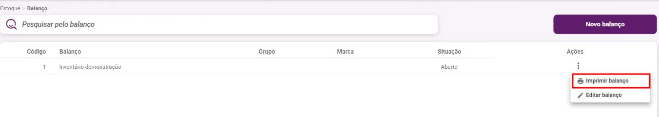 Menu ⋮ de um balanço aberto na listagem, com as opções Imprimir balanço e Editar balanço