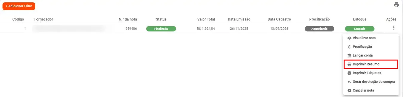 Menu Ações de uma nota de entrada aberto, com a opção Imprimir Resumo