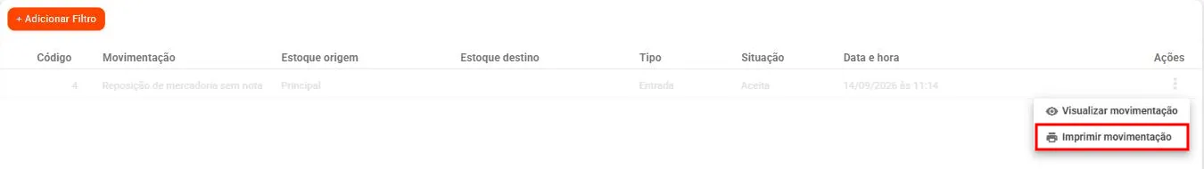 Menu ⋮ de uma movimentação na relação com a opção Imprimir movimentação