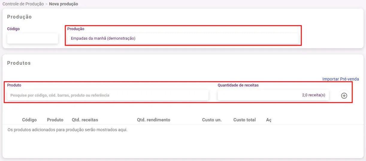 Tela Nova produção com os painéis Produção e Produtos