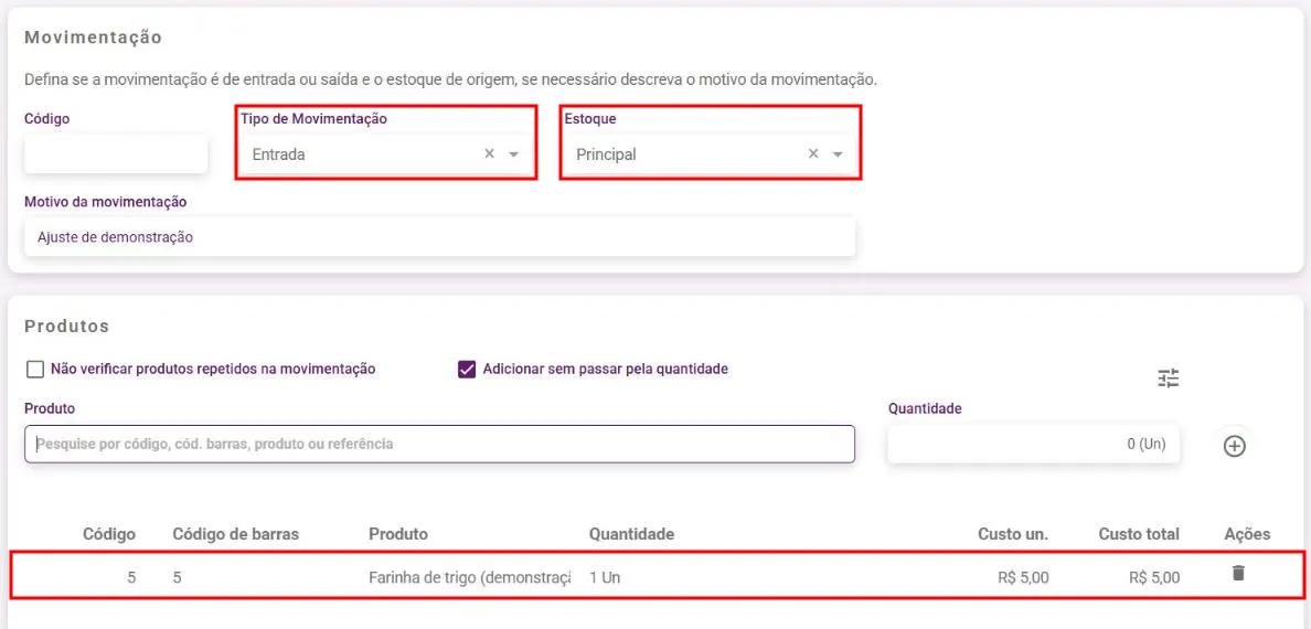 Tela de nova movimentação com tipo, local de estoque e a lista de produtos