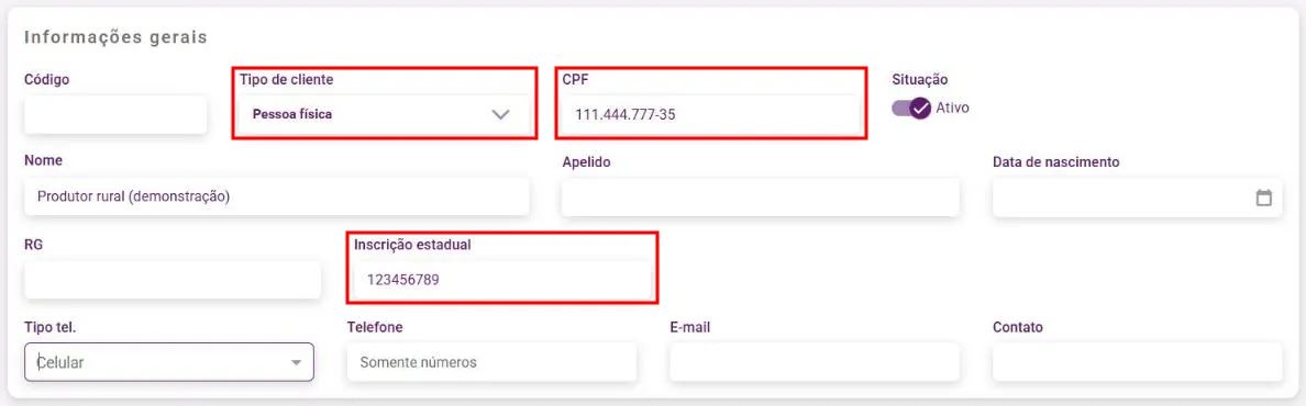 Cadastro de pessoa física com inscrição estadual preenchida