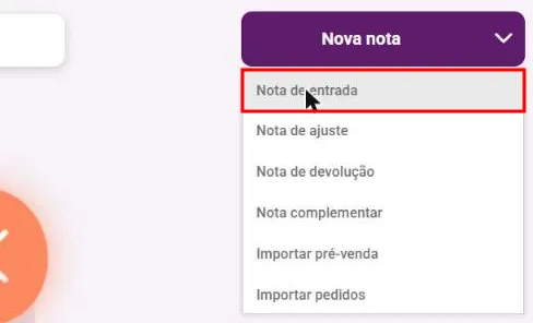 Menu do botão Nova nota com a opção Nota de entrada