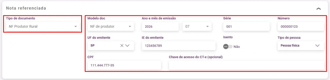 Seção Nota referenciada preenchida