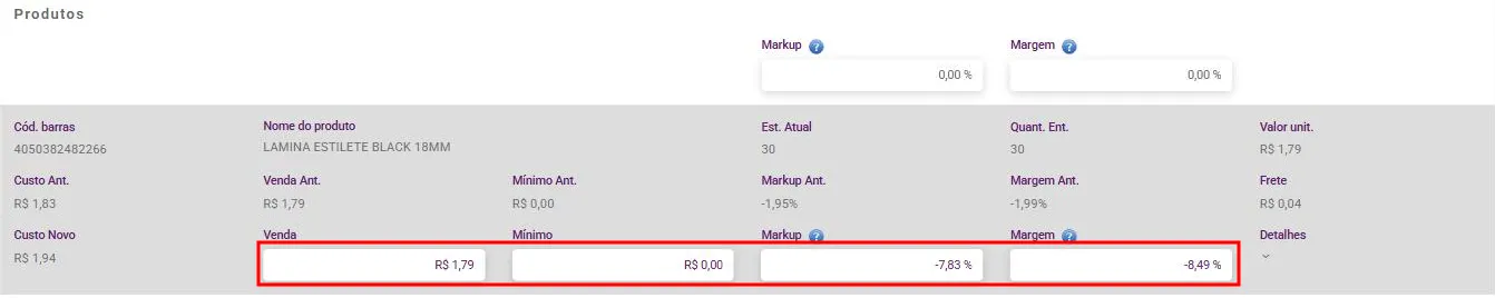 Tela Precificação com um produto mostrando custo anterior, Custo Novo e os campos Venda, Mínimo, Markup e Margem