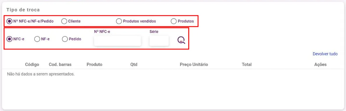 Tela de nova troca com as opções de busca da venda