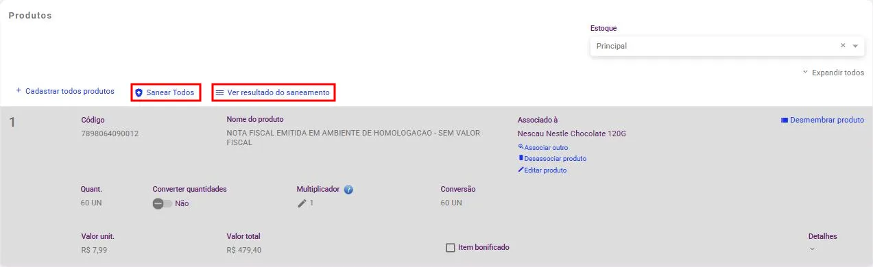 Lista de itens da entrada de nota com o item associado e os botões Sanear Todos e Ver resultado do saneamento
