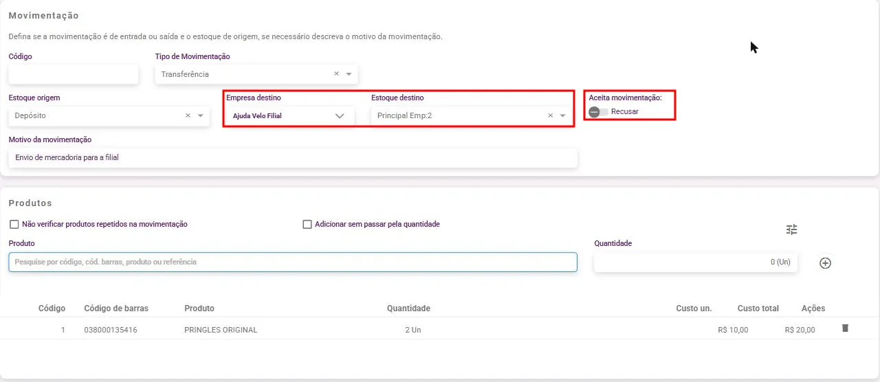 Tela Nova movimentação com o tipo Transferência, estoque origem, empresa destino, estoque destino e a chave Aceita movimentação