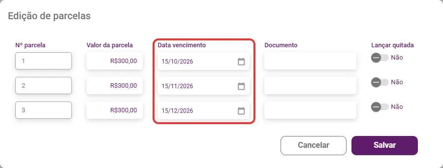 Janela Edição de parcelas com as colunas Nº parcela, Valor da parcela, Data vencimento, Documento e Lançar quitada