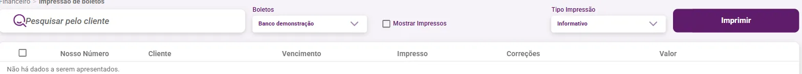 Tela de impressão de boletos com a opção Mostrar Impressos