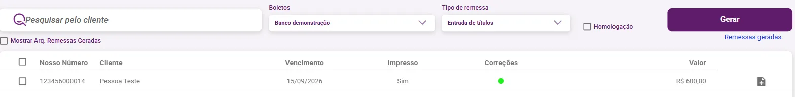 Tela de remessa de boletos com o link Remessas geradas