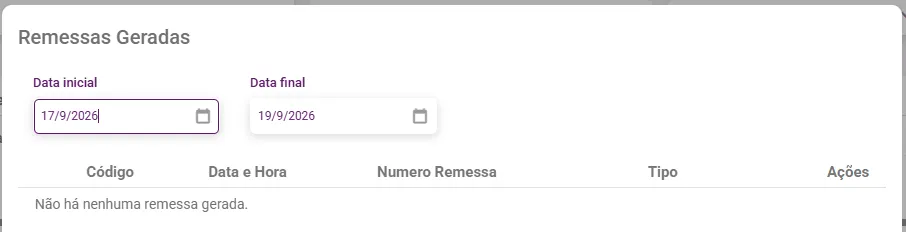 Janela Remessas Geradas com o filtro de datas