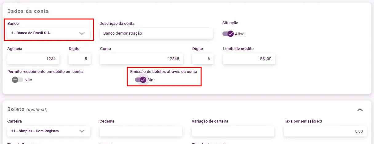 Cadastro de conta com a opção de emissão de boletos ativada