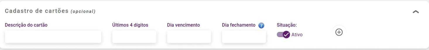 Painel de cadastro de cartões com os campos do cartão