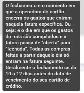 Explicação do sistema sobre o dia de fechamento da fatura