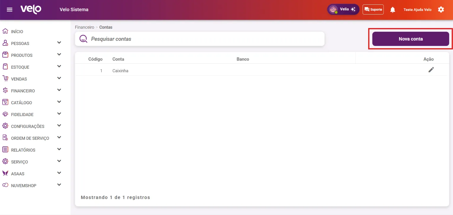 Listagem de contas com a caixinha padrão da empresa e o botão Nova conta