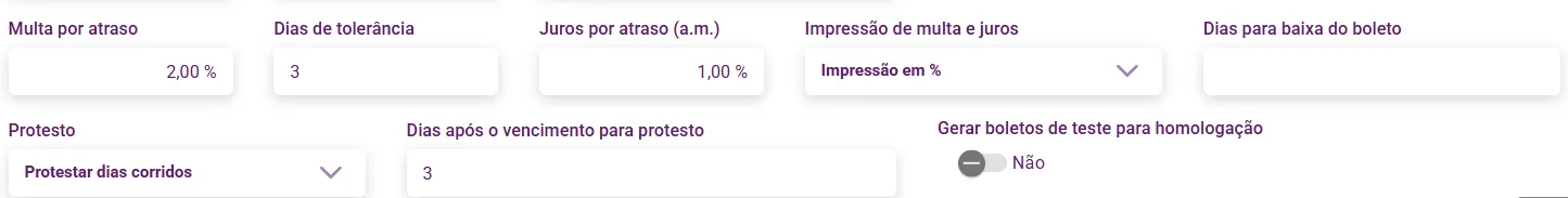 Campos de desconto, multa por atraso, juros, tolerância e protesto do boleto