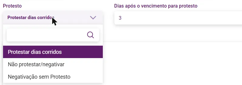 Opções do campo Protesto