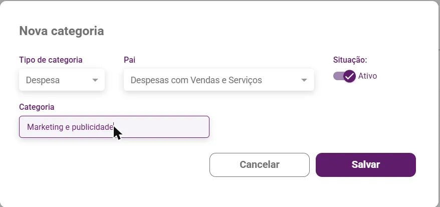 Janela Nova categoria com tipo, pai e nome preenchidos