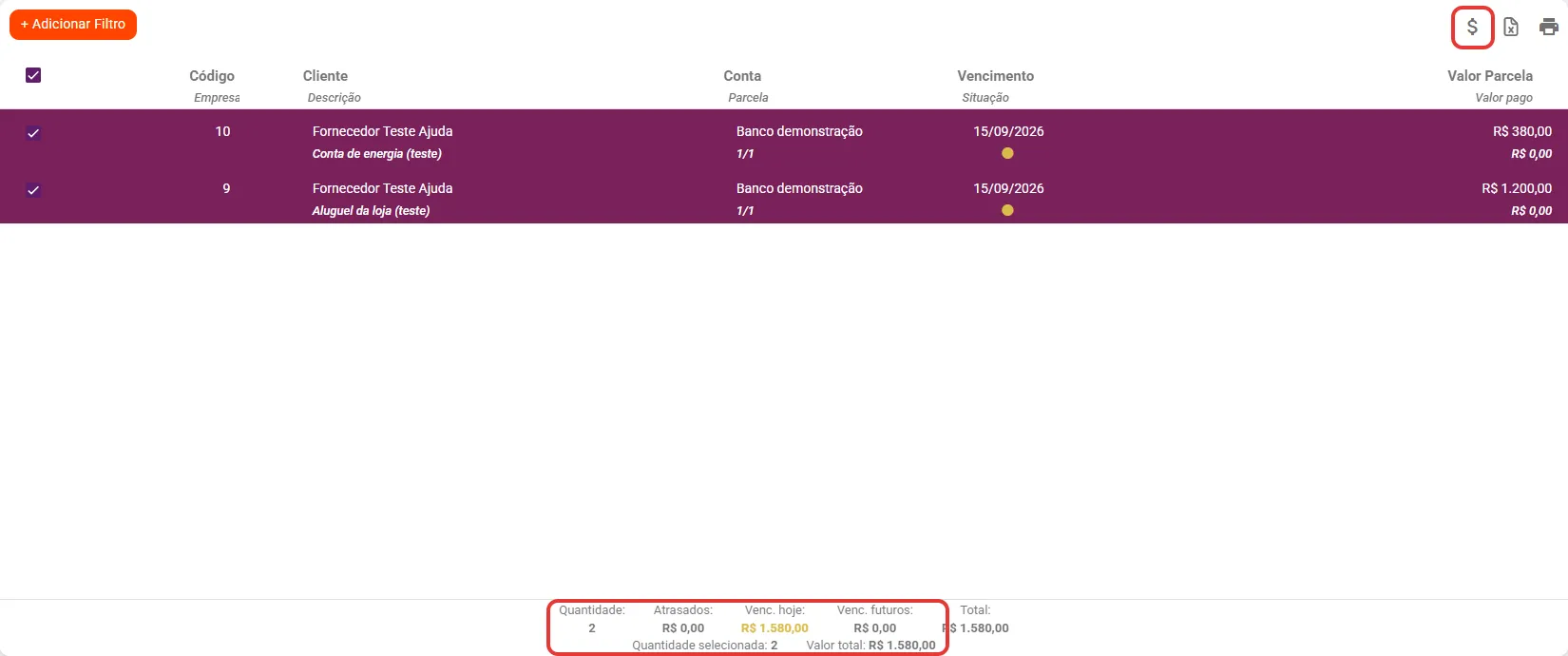 Lista de contas a pagar com parcelas selecionadas, o rodapé com o valor total e o ícone Pagamento rápido
