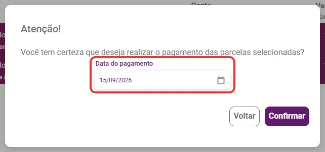 Confirmação do pagamento rápido com o campo Data do pagamento