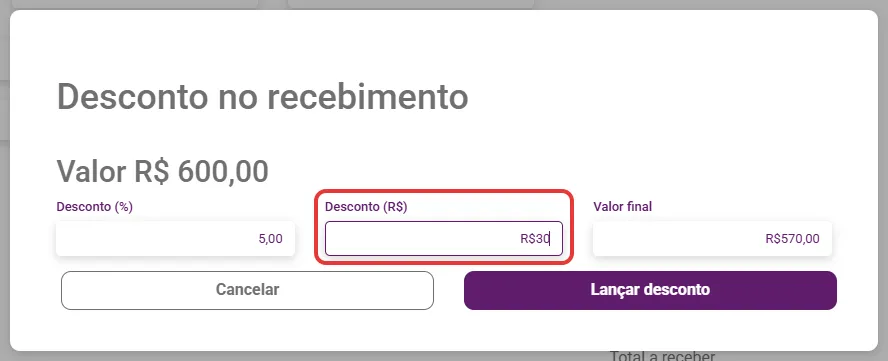 Janela Desconto no recebimento com o desconto em reais e o valor final