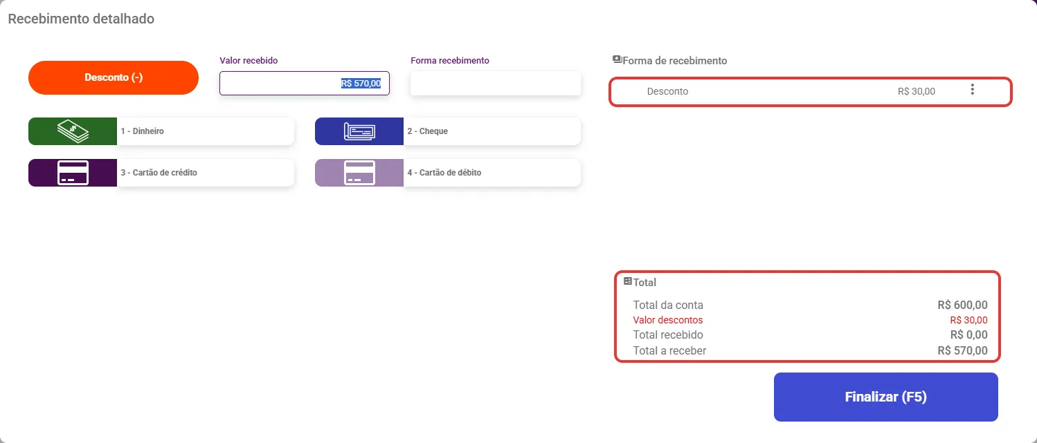 Recebimento detalhado com o desconto lançado no bloco Total