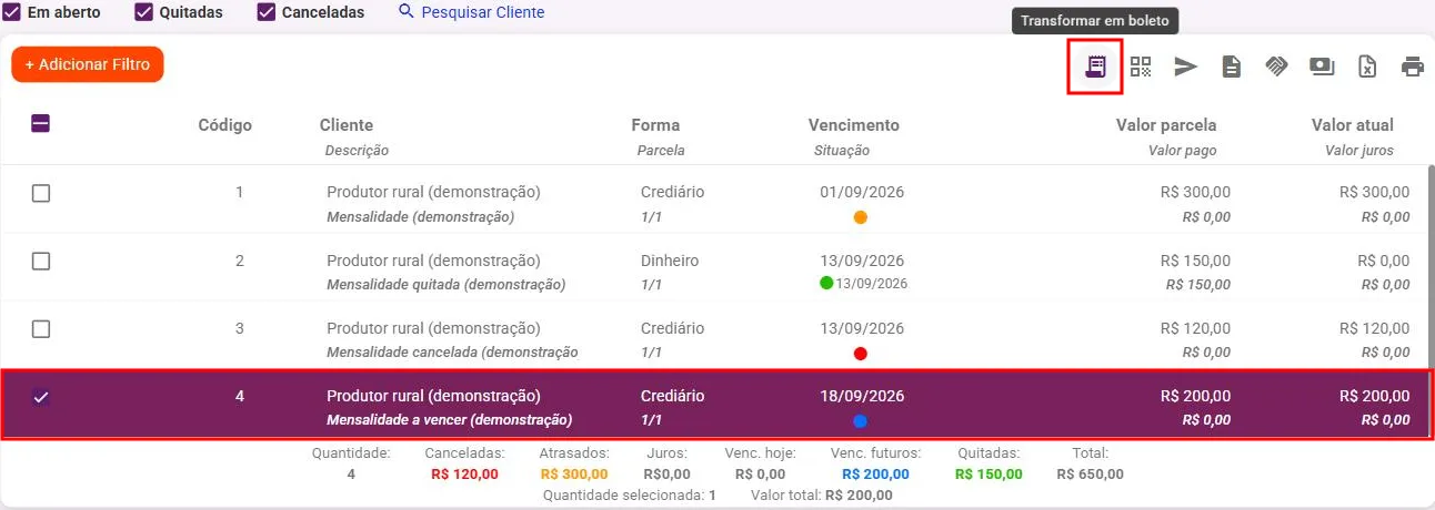 Contas a receber com uma parcela marcada e a ação de transformar em boleto