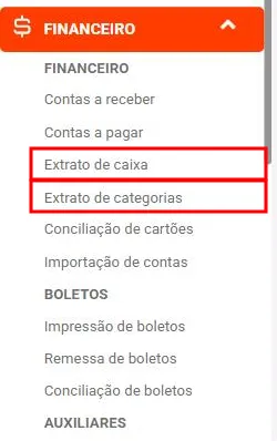 Menu Financeiro com Extrato de caixa e Extrato de categorias