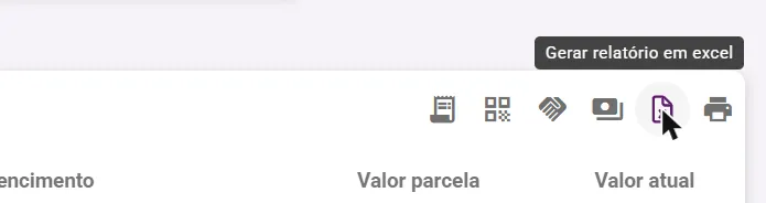 Ícone de gerar relatório em excel na barra da tela